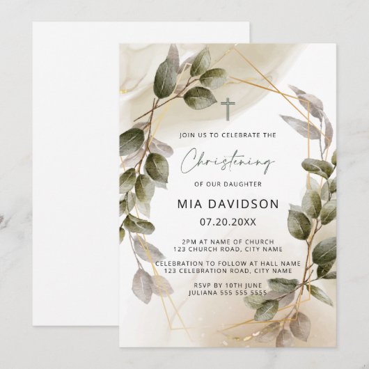 Blush Green & Gold Waterverf Leaves Christening Kaart (Voorkant / Achterkant)