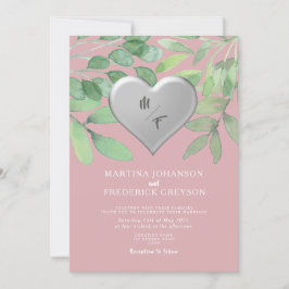 Blush Green Monogram Heart Wedding Uitnodigen Kaart