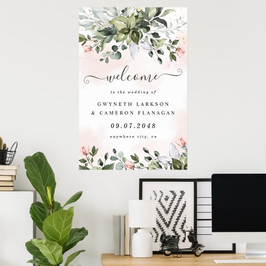 Blush Greenery Dusty Blue Wedding Welcome Sign XL Poster (Thuiskantoor)