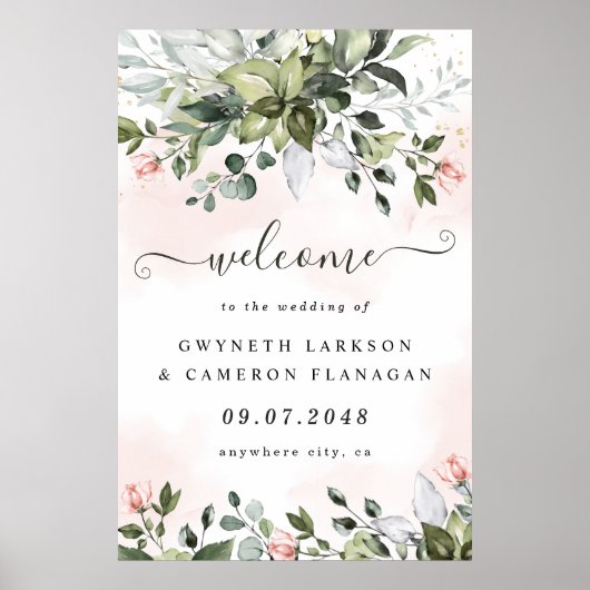 Blush Greenery Dusty Blue Wedding Welcome Sign XL Poster (Voorkant)