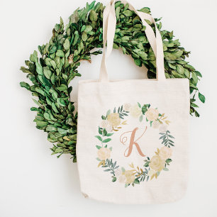 Blush Greenery Floral Wreath Bridesmaid Initiaal Tote Bag