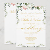 Blush Greenery & Gold Calligraphy Writing Wedding Kaart (Voorkant / Achterkant)