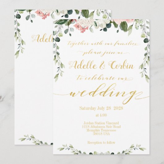 Blush Greenery & Gold Calligraphy Writing Wedding Kaart (Voorkant / Achterkant)