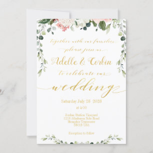 Blush Greenery & Gold Calligraphy Writing Wedding Kaart