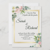 Blush Greenery Gold Frame Wedding Invitation Kaart (Voorkant)