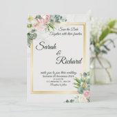 Blush Greenery Gold Frame Wedding Invitation Kaart (Staand voorkant)
