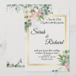 Blush Greenery Gold Frame Wedding Invitation Kaart