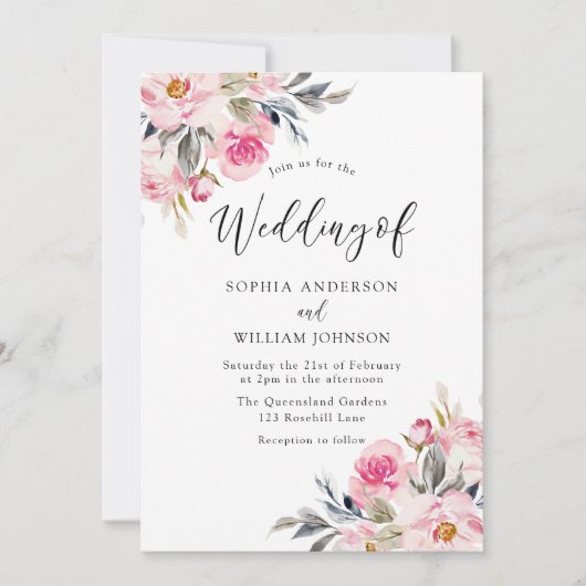 Blush & Greenery: Waterverf Floral Wedding Kaart (Voorkant)