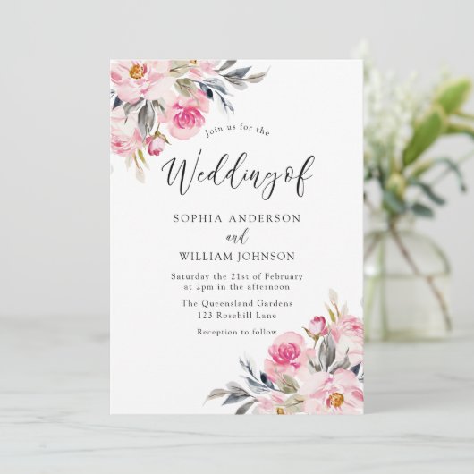 Blush & Greenery: Waterverf Floral Wedding Kaart (Staand voorkant)