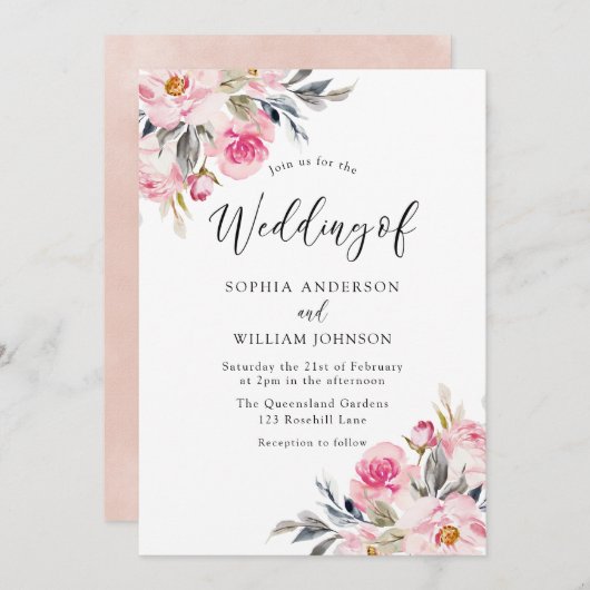 Blush & Greenery: Waterverf Floral Wedding Kaart (Voorkant / Achterkant)