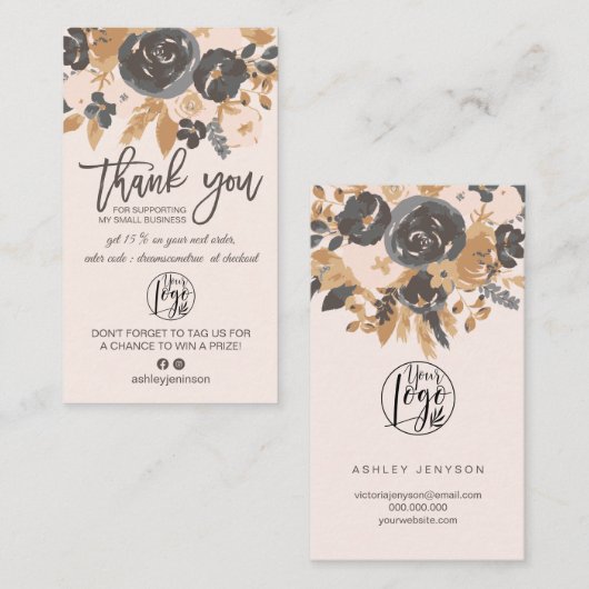 Blush grey boho floral script logo orde dank u visitekaartje (Voorkant / Achterkant)