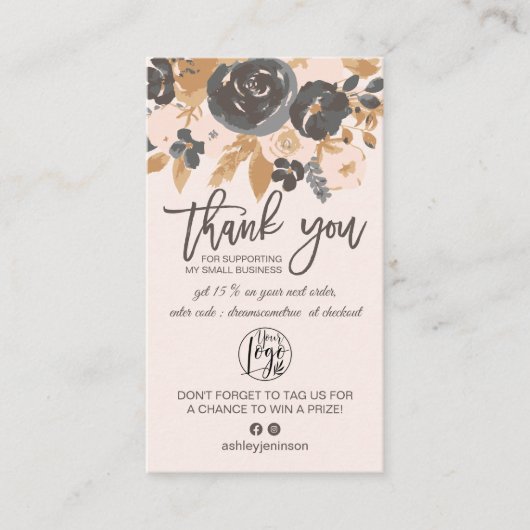 Blush grey boho floral script logo orde dank u visitekaartje (Voorkant)