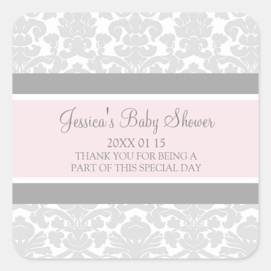 Blush Grey Damask Baby shower Favor Stickers (Voorkant)