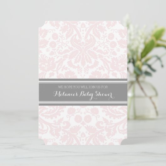 Blush Grey Damask Custom Baby Shower Invitaties Kaart (Staand voorkant)