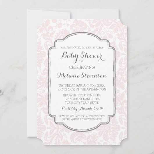 Blush Grey Damask Custom Baby Shower Invitaties Kaart (Achterkant)