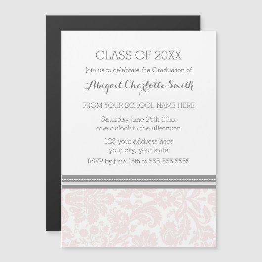 Blush Grey Damask Graduation Party Magnetische Kaa Magnetische Uitnodiging (Voorkant / Achterkant)