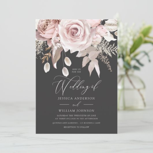 Blush & Grey Dusty Roos Elegante bruiloft Kaart (Staand voorkant)