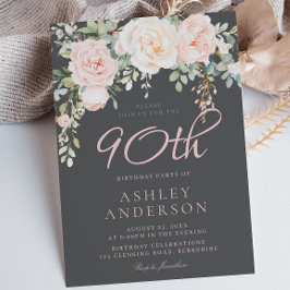 Blush & Grey Elegant Bloemen 90ste Verjaardagsfees Kaart