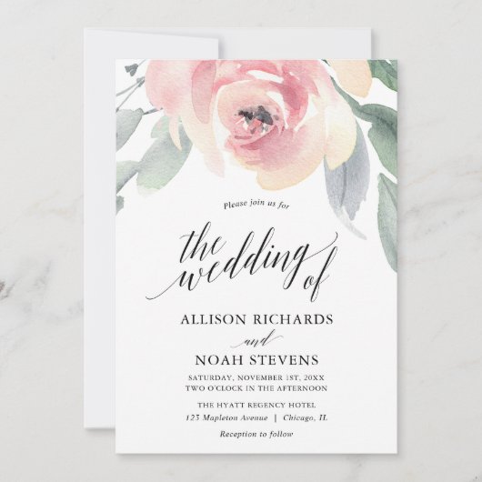 Blush grey floral waterverf elegante bruiloft kaart (Voorkant)