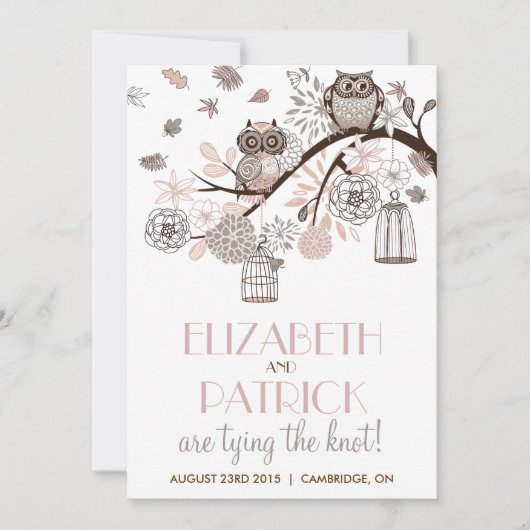 Blush & Grey Retro Owls Winter Wedding Invitation Kaart (Voorkant)