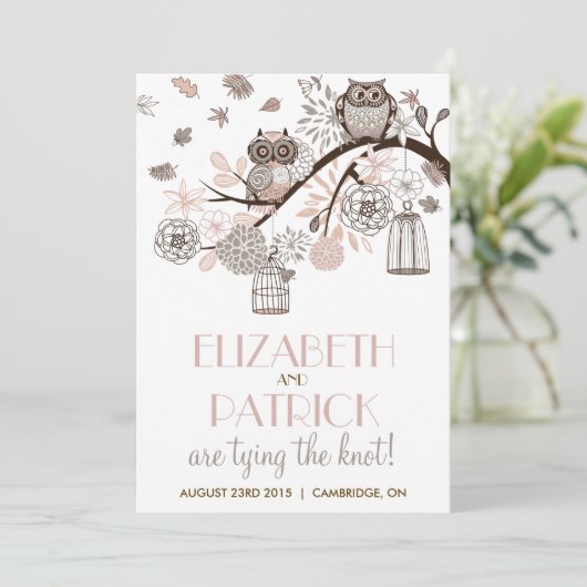 Blush & Grey Retro Owls Winter Wedding Invitation Kaart (Staand voorkant)