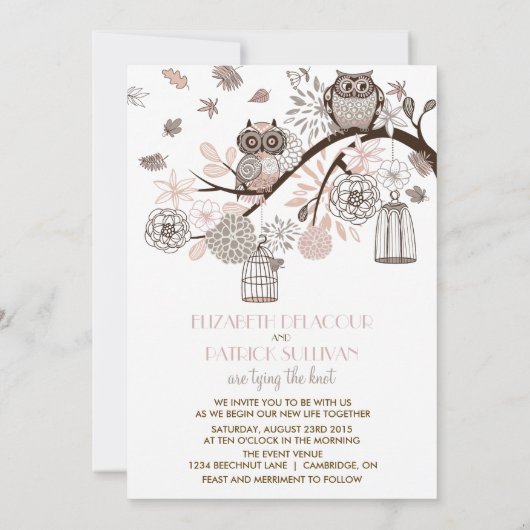 Blush & Grey Retro Owls Winter Wedding Invitation Kaart (Achterkant)