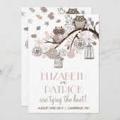 Blush & Grey Retro Owls Winter Wedding Invitation Kaart (Voorkant / Achterkant)