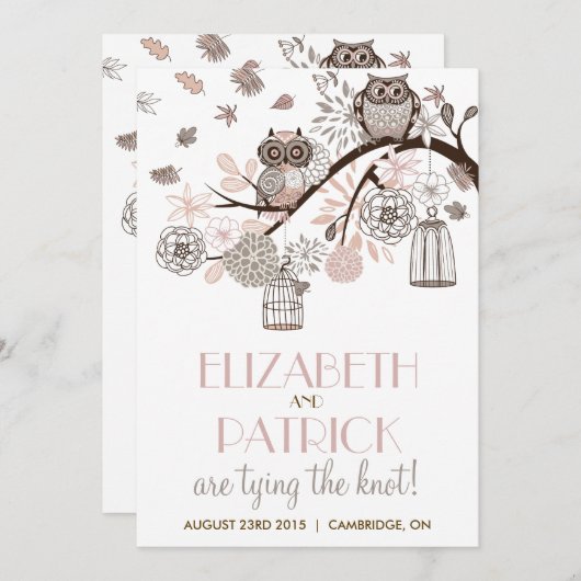 Blush & Grey Retro Owls Winter Wedding Invitation Kaart (Voorkant / Achterkant)