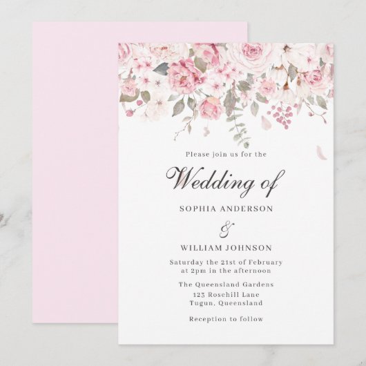 Blush & Grey Rozen Elegant Floral Winter Wedding Kaart (Voorkant / Achterkant)