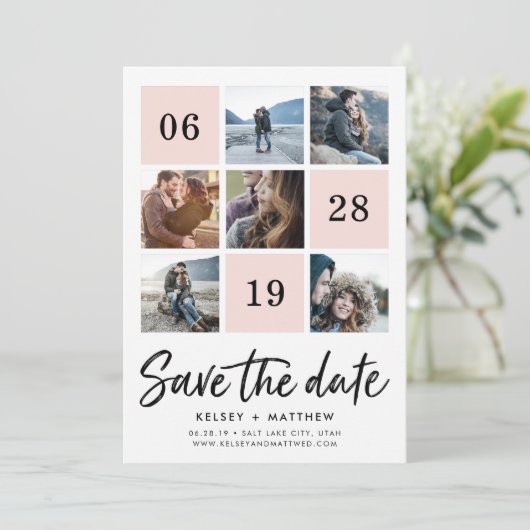 Blush Grid Collage | De foto bewaart de Datum Save The Date (Staand voorkant)