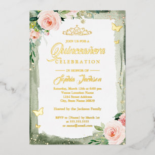 Blush Groene Quinceanera Bloemrijke Glittertiara Folie Uitnodiging