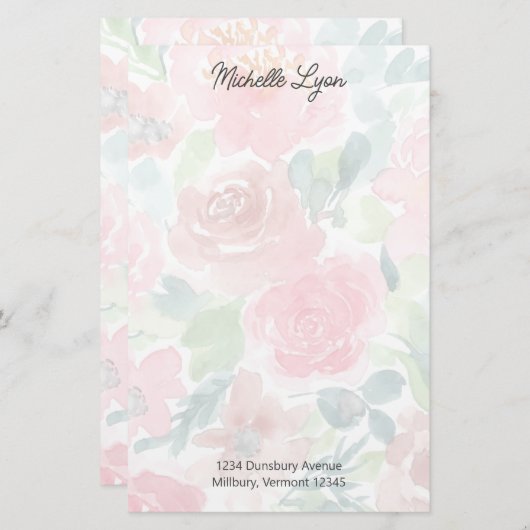 Blush, Groene Transparante Waterverf Rozen Aangepa Briefpapier (Voorkant / Achterkant)
