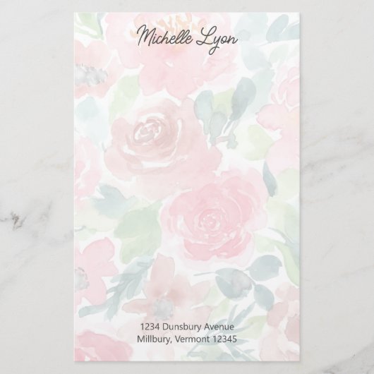 Blush, Groene Transparante Waterverf Rozen Aangepa Briefpapier (Voorkant)