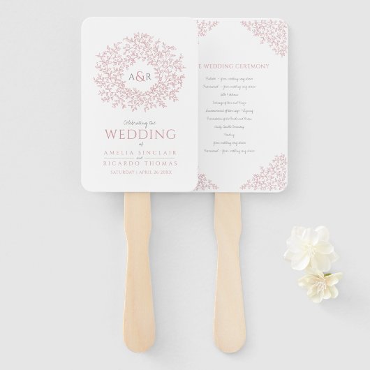 Blush hand getrokken blad monogram kunst bruiloft handwaaier (Voorkant en achterkant)