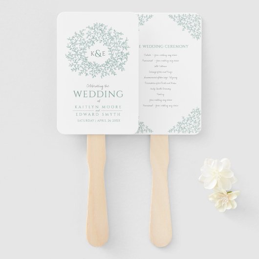 Blush hand getrokken blad monogram kunst bruiloft  handwaaier (Voorkant en achterkant)