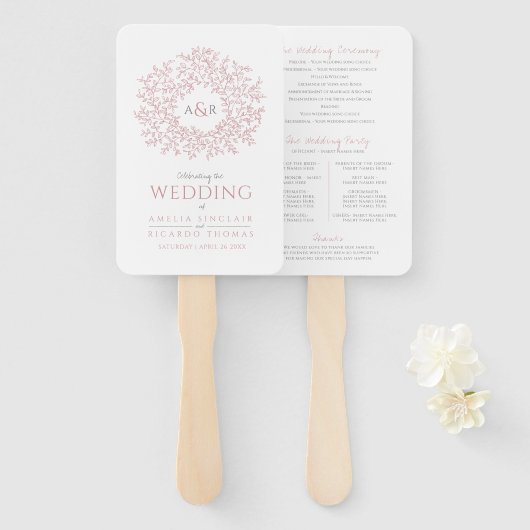 Blush hand getrokken blad monogram kunst bruiloft  handwaaier (Voorkant en achterkant)