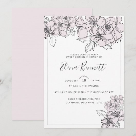 Blush Hand getrokken bloemen Sweet Sixteen uitnodi Kaart (Voorkant / Achterkant)