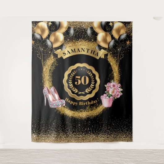 Blush Hoge Hakken Gouden Glitter 50ste Verjaardag  Wandkleed (Voorkant)