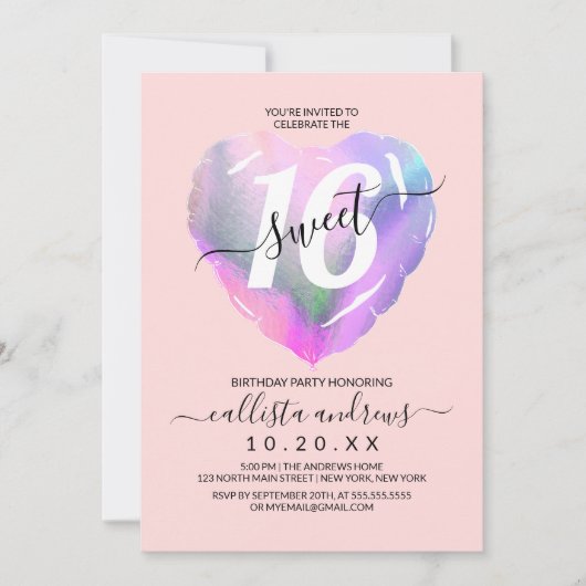 Blush Holographic Folie Hartballon Sweet 16 Kaart (Voorkant)