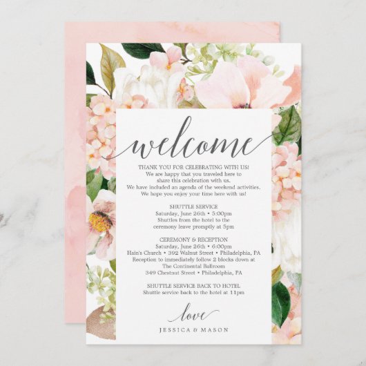 Blush hortensia bruiloft welkom routebeschrijving programmakaart (Voorkant / Achterkant)