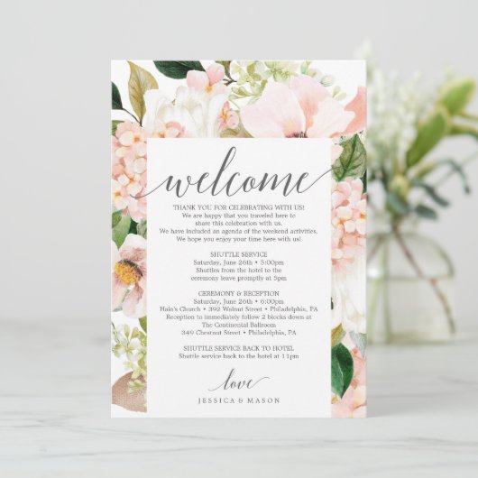 Blush hortensia bruiloft welkom routebeschrijving programmakaart (Staand voorkant)