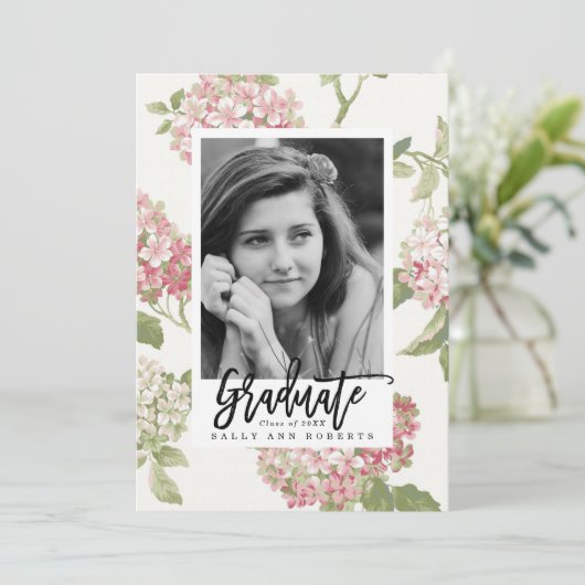 Blush Hortensia Foto afstuderen Kaart (Staand voorkant)