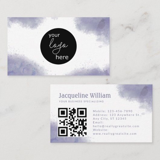 Blush Houtskool Grijs Waterverf Aangepaste Logo QR Visitekaartje (Voorkant / Achterkant)