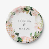 Blush Hydrangea Monogram Bruidsfeest Papieren Bord (Voorkant)