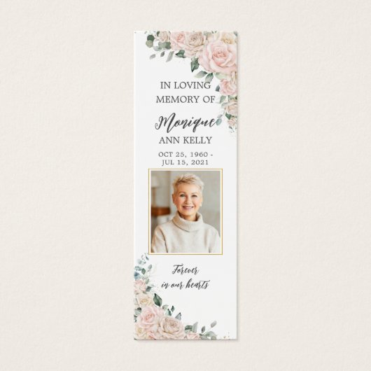Blush Ivoor Bloemen Foto Begrafenis Memorial Bladw Mini Visitekaartjes (Voorkant)
