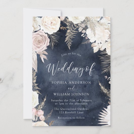 Blush ivoor- en Navy Waterverf Splash Boho Wedding Kaart (Voorkant)