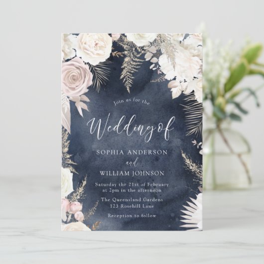 Blush ivoor- en Navy Waterverf Splash Boho Wedding Kaart (Staand voorkant)