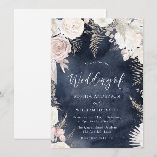 Blush ivoor- en Navy Waterverf Splash Boho Wedding Kaart (Voorkant / Achterkant)