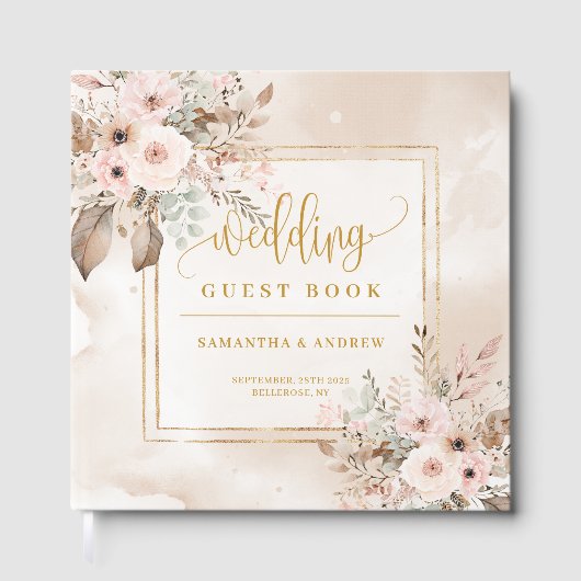 Blush Ivoor Goud Bloemen Lijst bruiloft gastenboek (Voorkant)