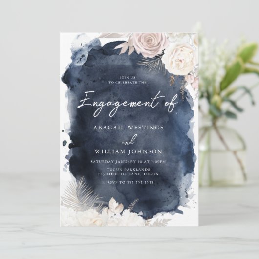 Blush & Ivoor, Navy Waterverf Verlovingsfeest Kaart (Staand voorkant)